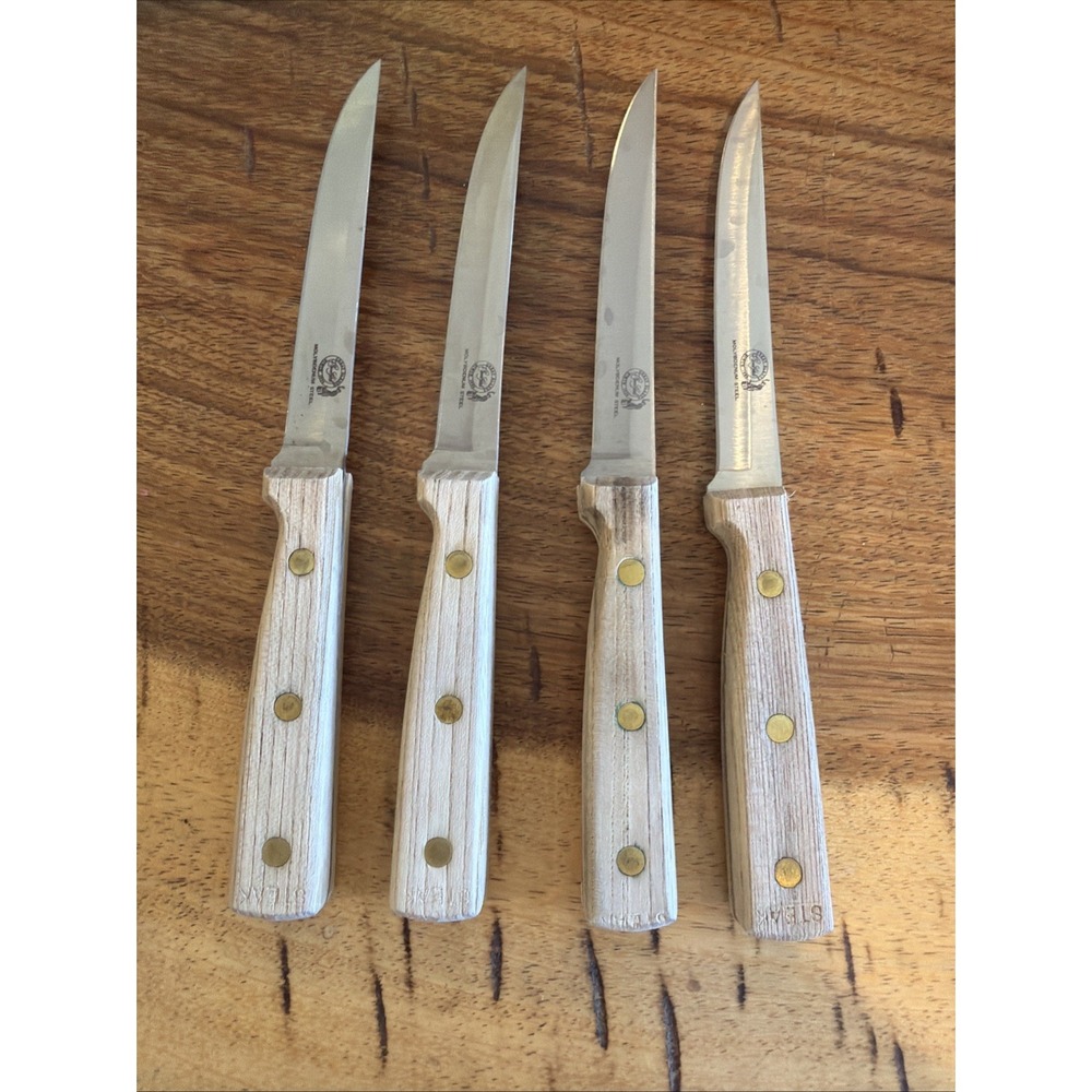 Set 4 Vintage Carvel Hall Great Blades Molybdenum Steel Steak Knives Wood Japan